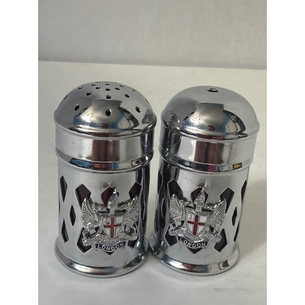 Vintage London Souvenir Salt and Pepper Shakers Chrome Crest Set
